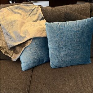 Blue and grey velvet Textured Throw Pillow Set with gold accents